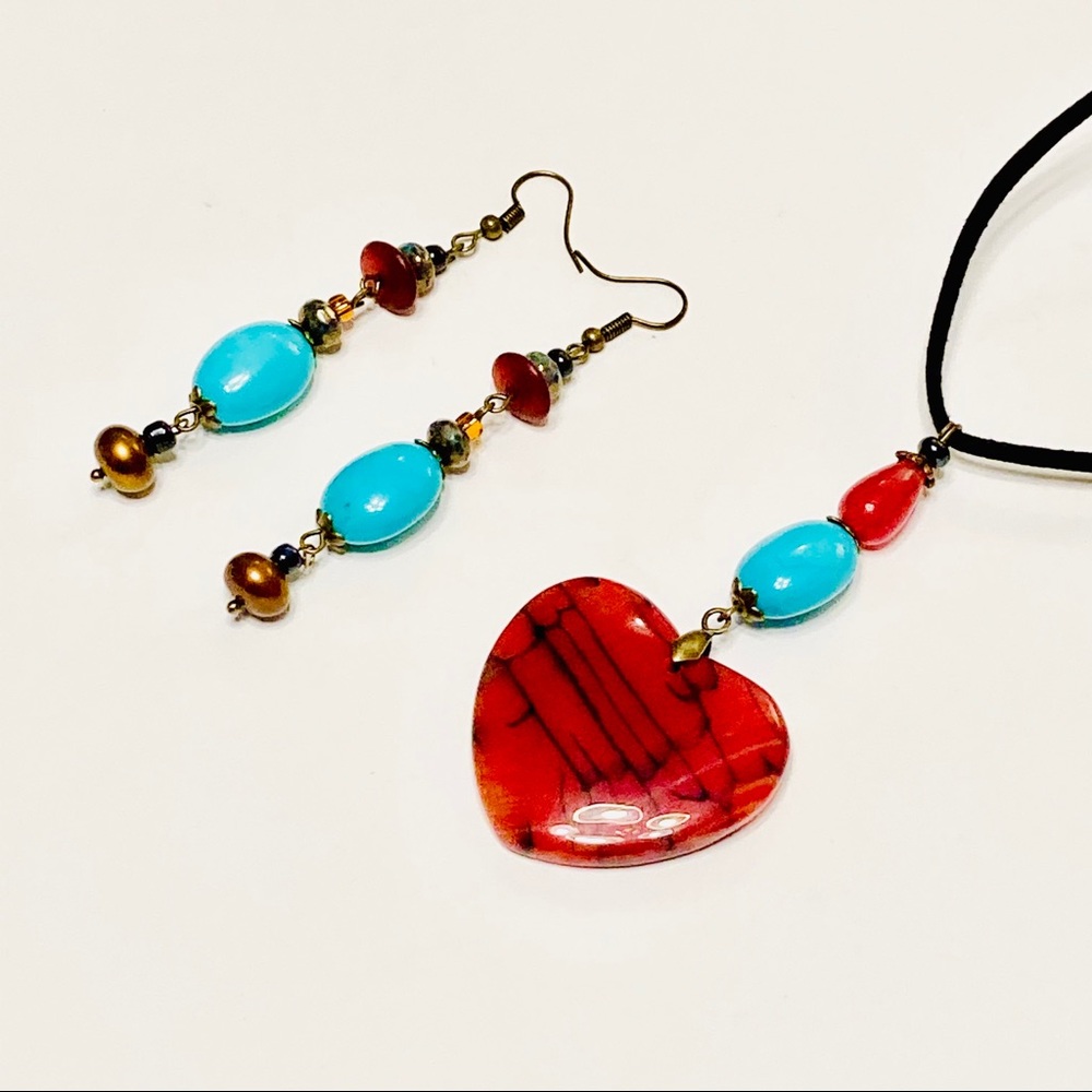 Mayan Heart Agate & Magnesite Necklace & Earrings